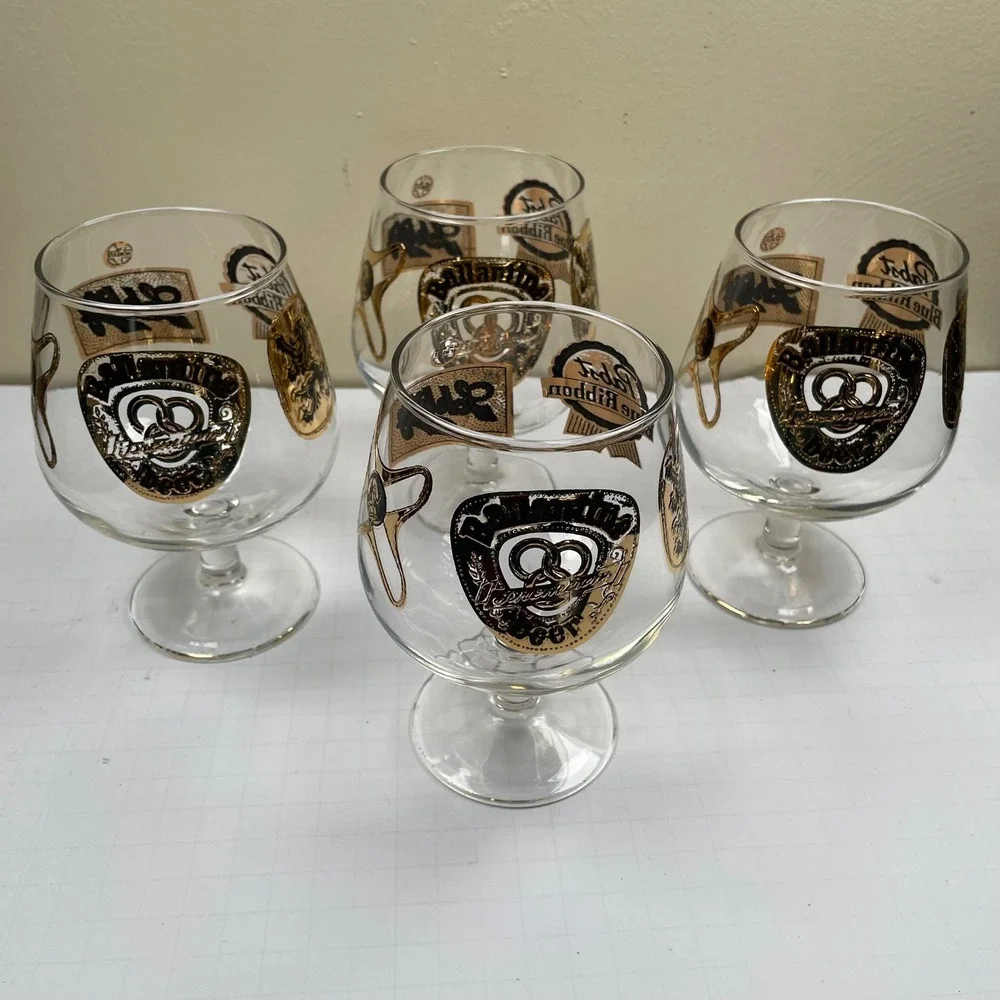 VTG Pabst Blue Ribbon PBR‎ Beer Glass Set 4 Gold MCM Brewery Promo Barware